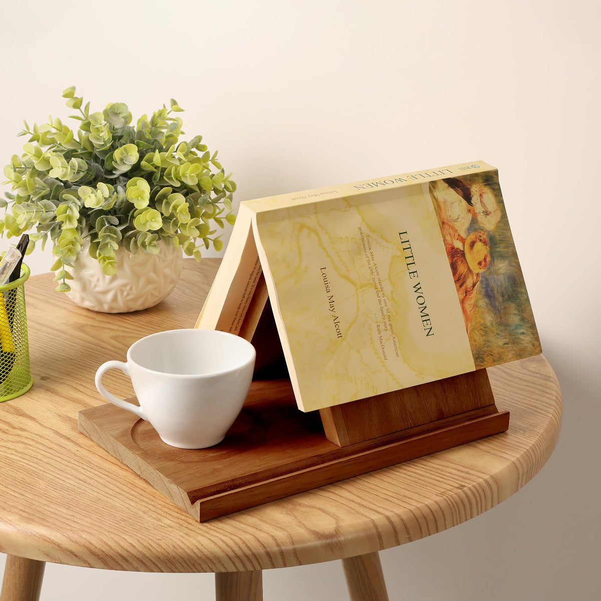Wooden Reading Stand with Cup Holder and Triangle Design for Books and Tablets