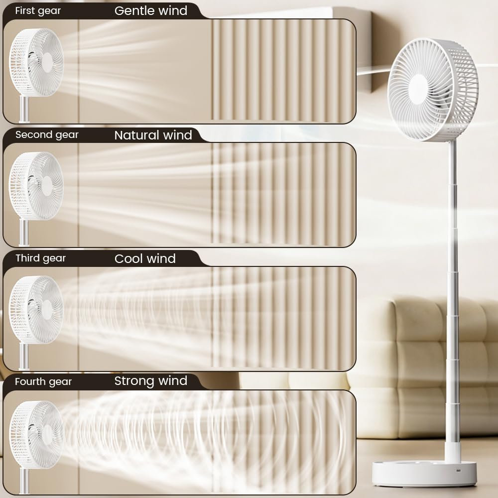 Foldable Portable USB Fan with 4 Speed Settings, Rechargeable Battery and Adjustable Height for Indoor and Outdoor Use