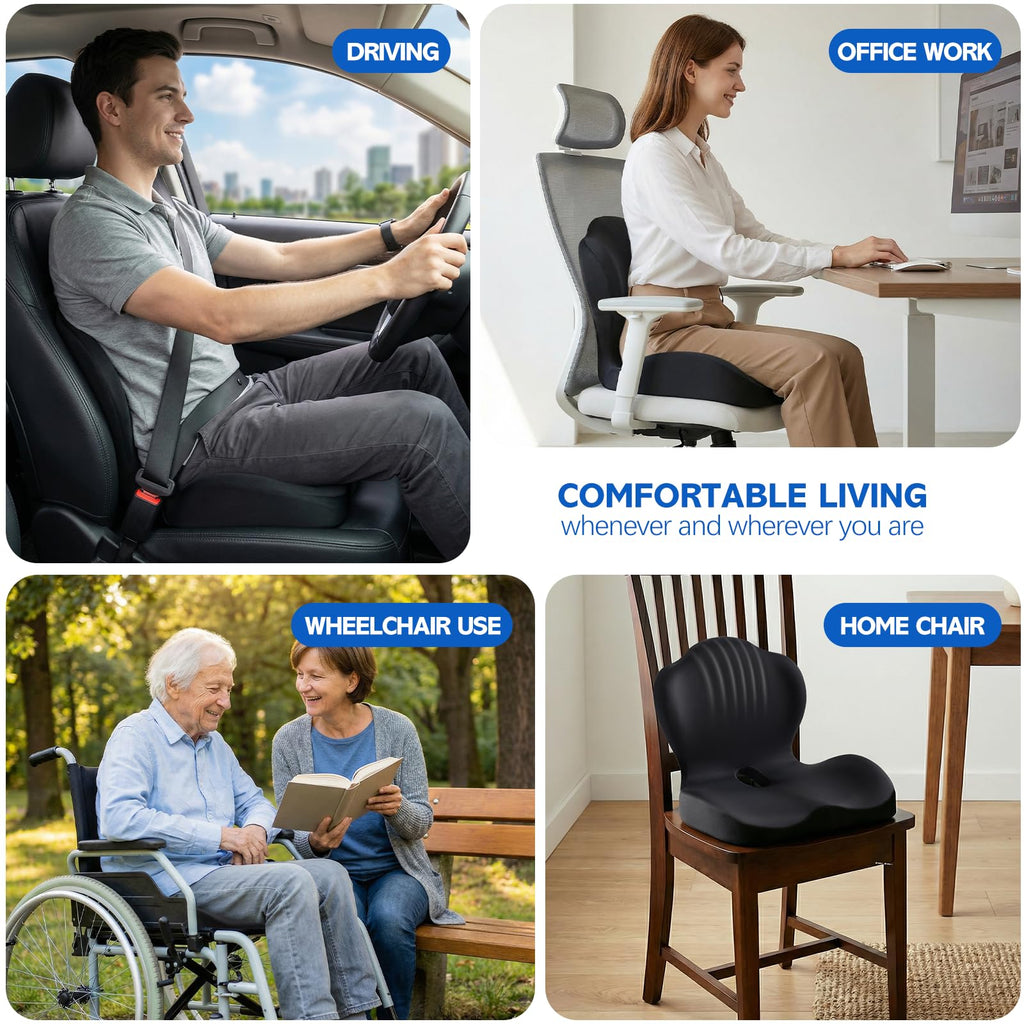 Memory Foam Seat Cushion with Contoured Support Design for Office Chairs, Car Seats and Everyday Sitting Comfort