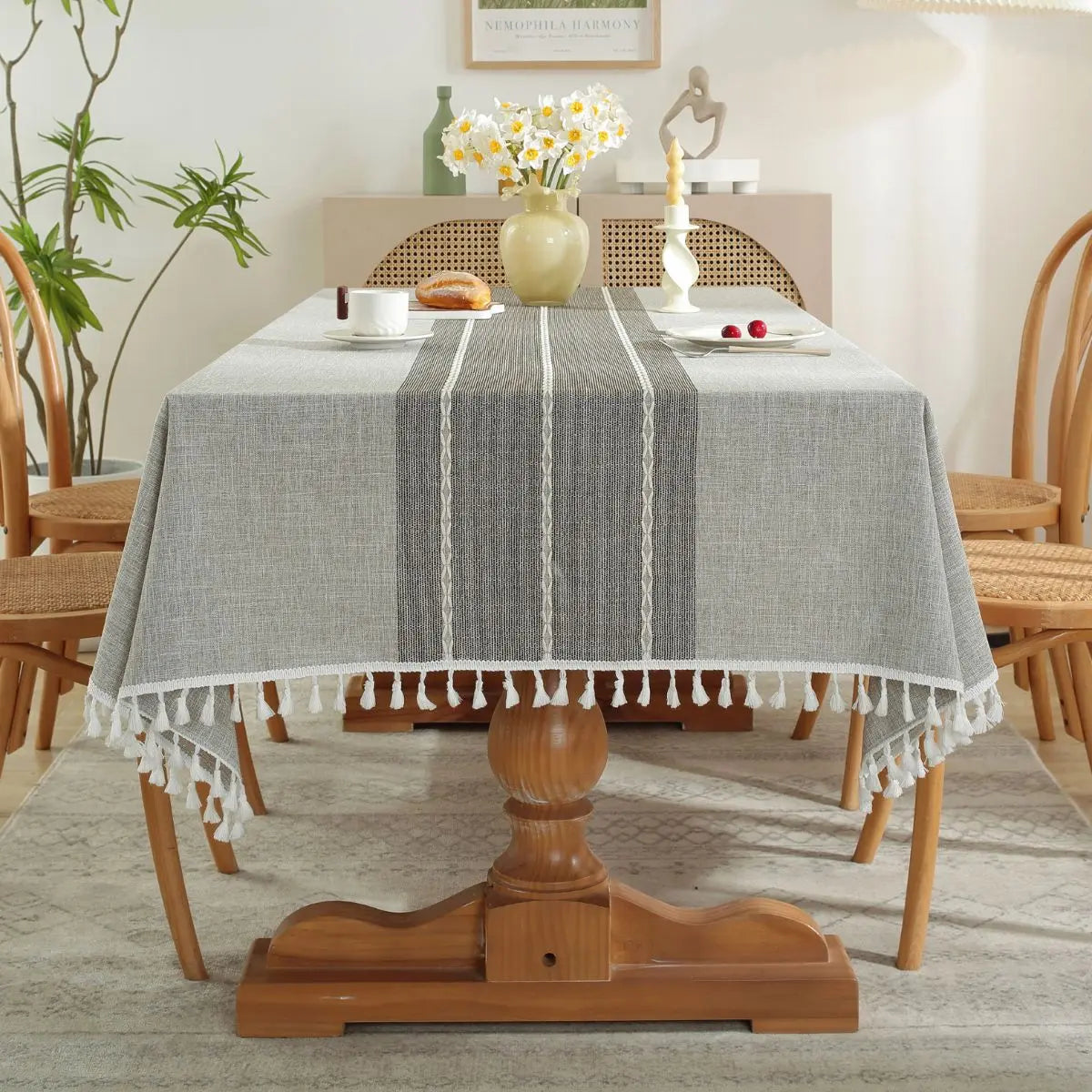 Linen Table Cloth Farmhouse Cotton Blend with Water Resistant Coating and Tassel Edges for Dining Table
