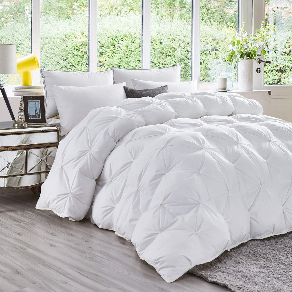 Goose Down Comforter with Pinch Pleat Design and All Season Medium Warmth for Relaxed Sleep Comfort