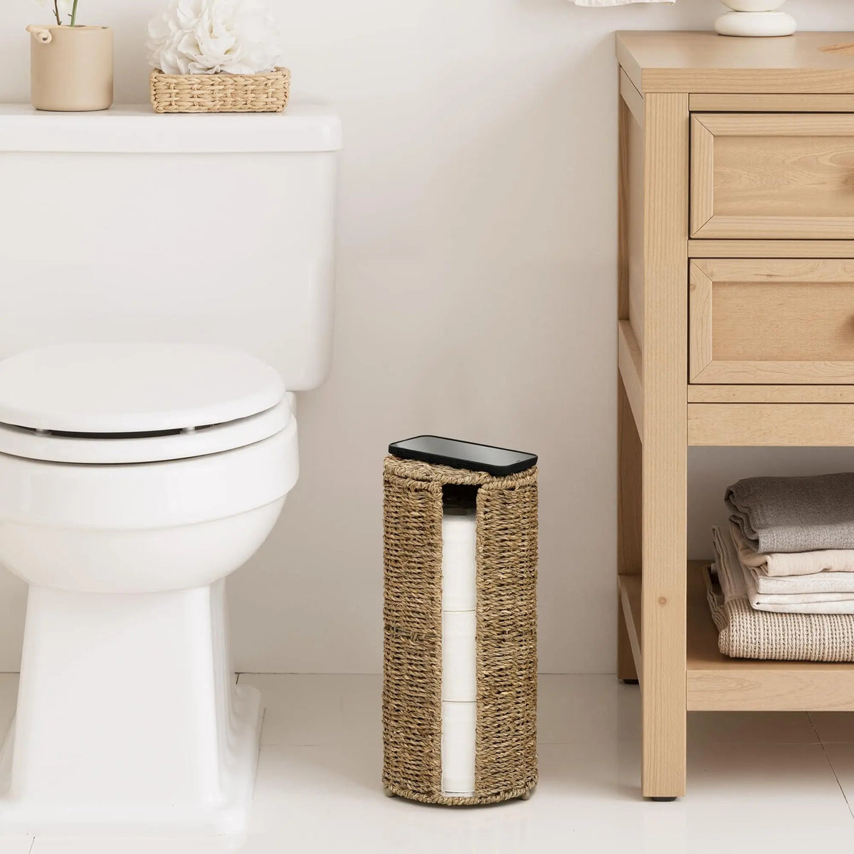 Braided Rope Toilet Paper Holder with Freestanding Woven Design for Natural Bathroom Storage