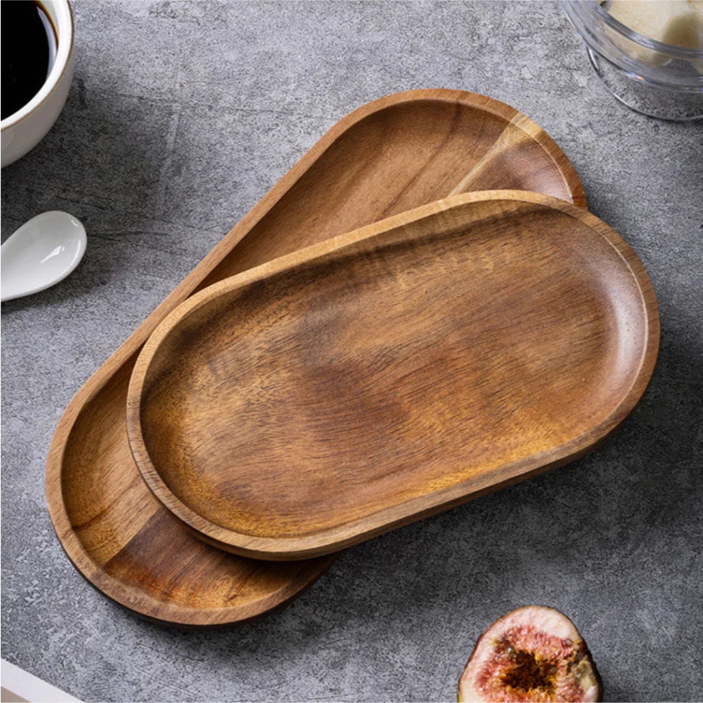 Solid Wood Serving Tray Oval Round Wooden Plate Platter for Serving Food Desserts Dinner Table