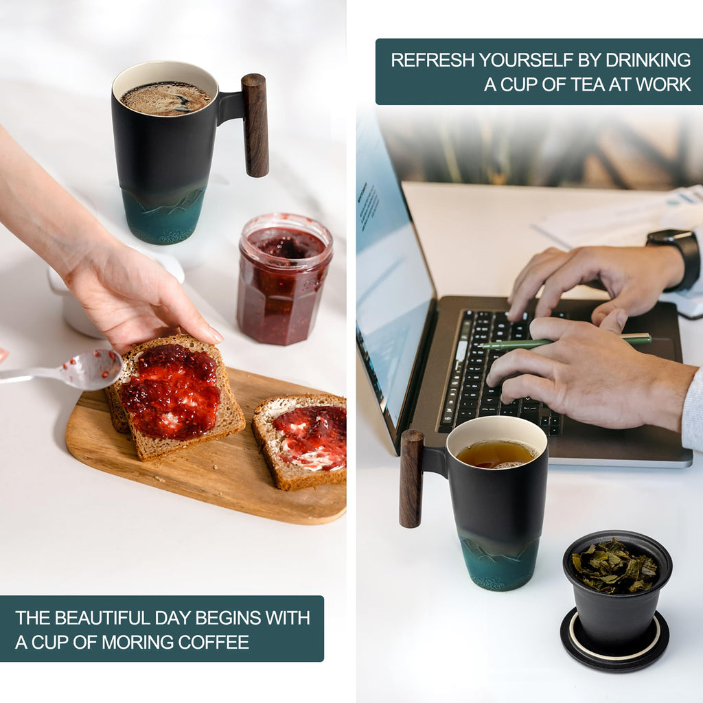 Ceramic Mug with Cover and Wooden Handle for Tea, Coffee, or Hot Beverages in Home and Office Use