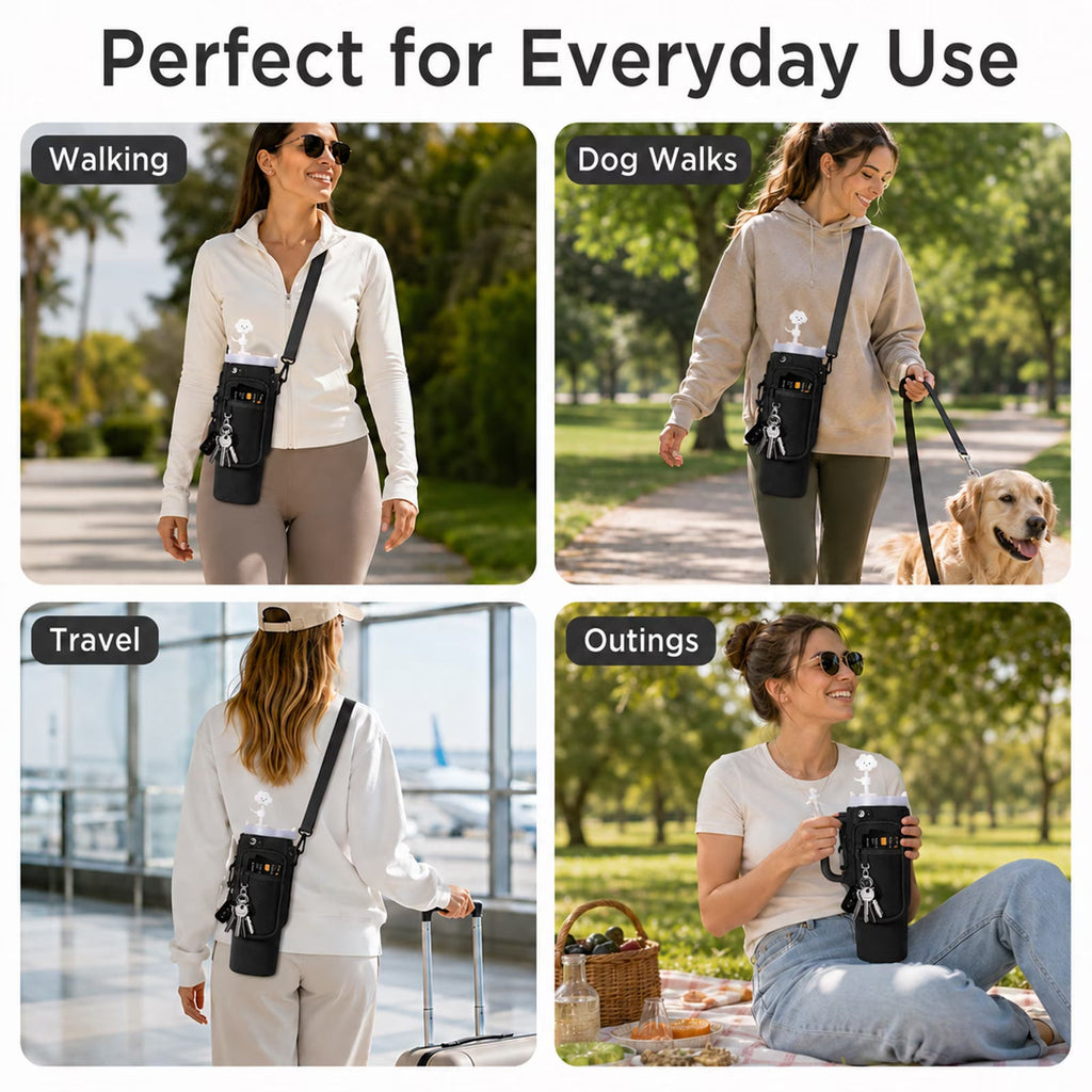 Water Bottle Carrier Bag with Adjustable Strap and Phone Pocket for 40oz Handled Tumblers