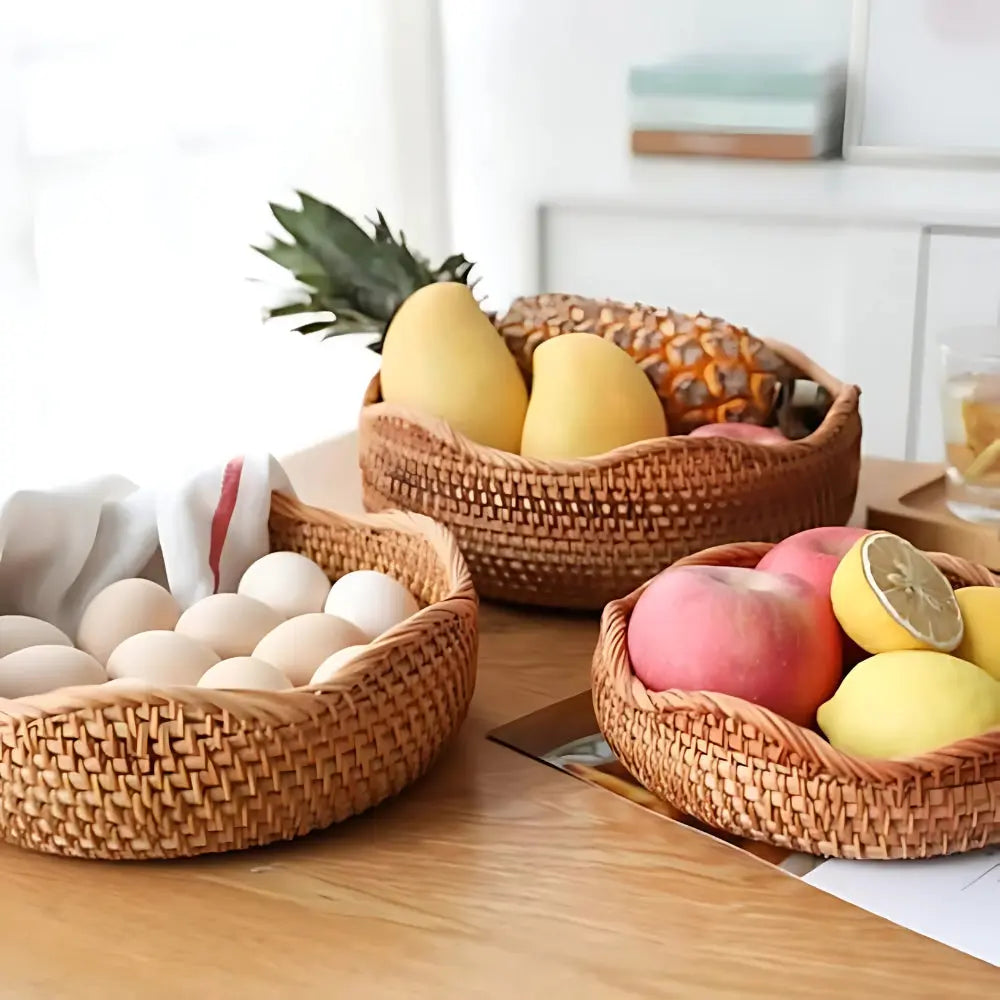 Handwoven Rattan Storage Basket Set of 3 Round Wicker Serving Trays for Kitchen and Countertop