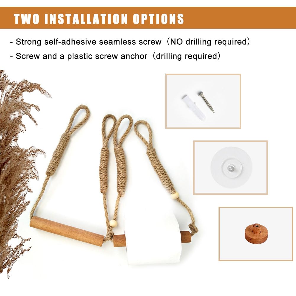 Rustic Rope Toilet Paper Holder with Wooden Wall Mounted Design for Bathroom Tissue Roll Organization (Exclude Paper)