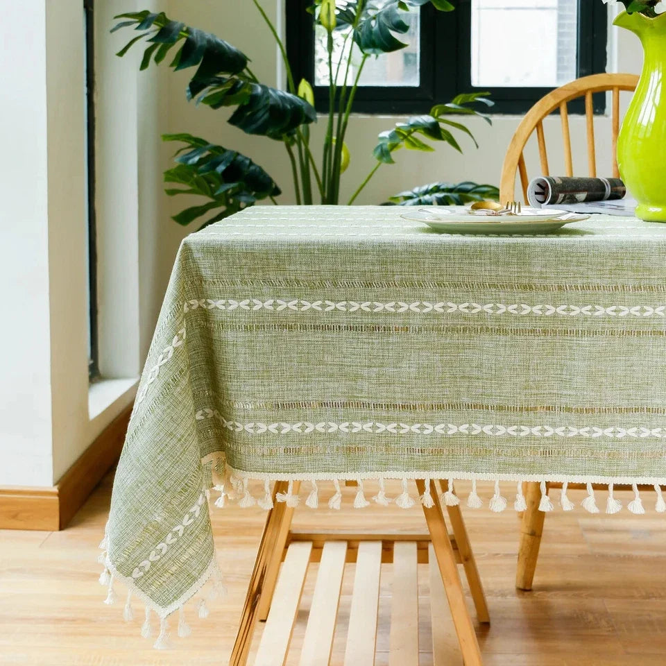 Farmhouse Style Linen Tablecloth with Hemstitched Edges for Rectangle Dining Tables