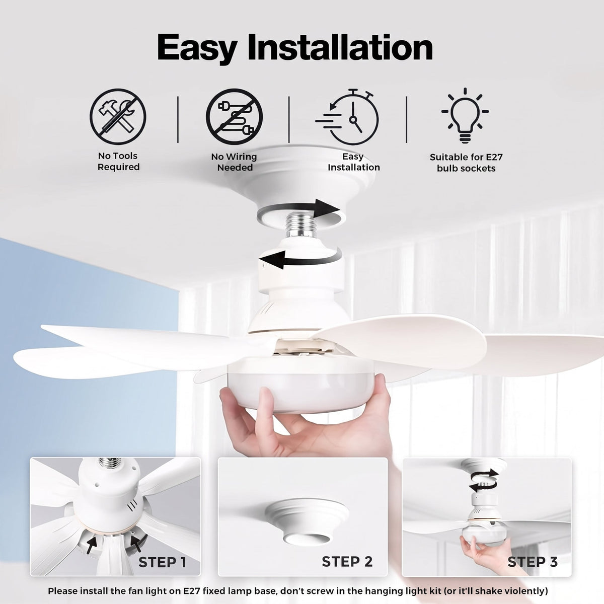 LED Ceiling Fan Light with Remote Control, Dimmable Lighting and E27 Socket Design for Small Rooms