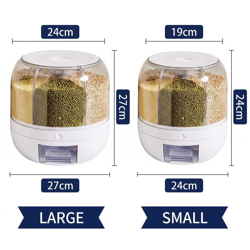 Rotating Food Dispenser with 6-Grid Airtight Design for Grains Cereal Rice and Dry Goods
