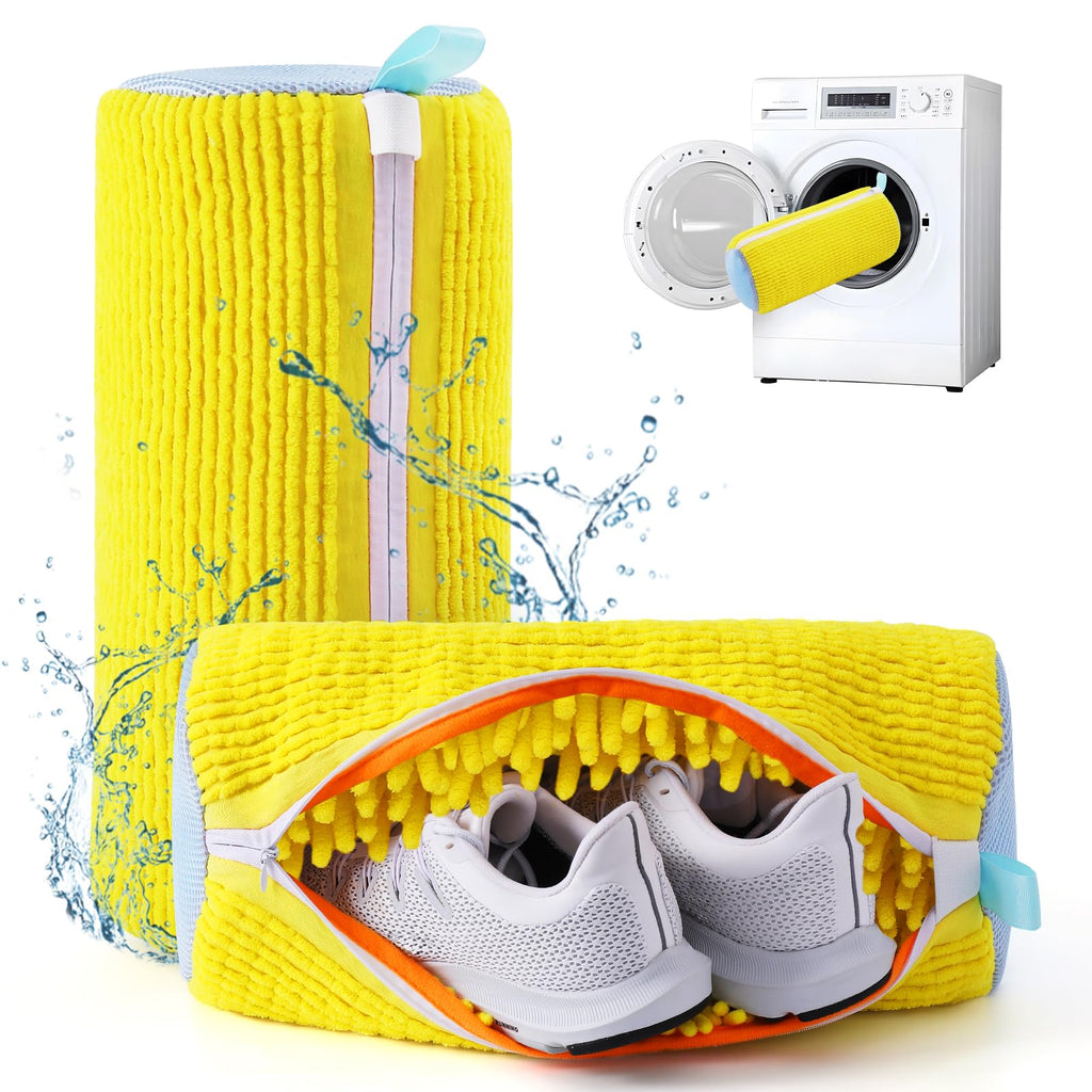 2Pcs Shoe Washing Machine Bag with Self Locking Zipper and Chenille Mesh Design for Washer Dryer Sneaker Cleaning (Brush & Shoes Bag Included)