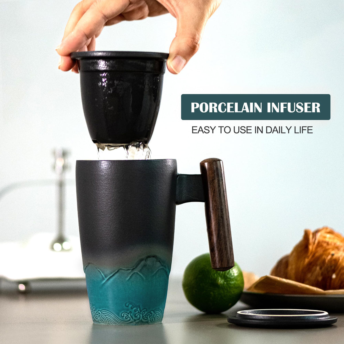 Ceramic Mug with Cover and Wooden Handle for Tea, Coffee, or Hot Beverages in Home and Office Use