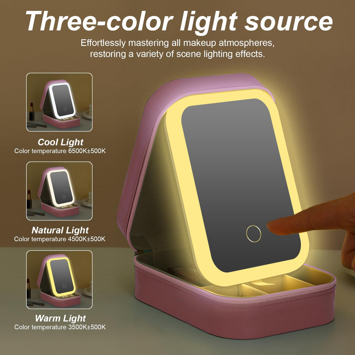 LED Makeup Case with Portable Mirror and Large Capacity Storage for Travel Beauty Organization (7×5×2" /16.5×11.5×6cm)
