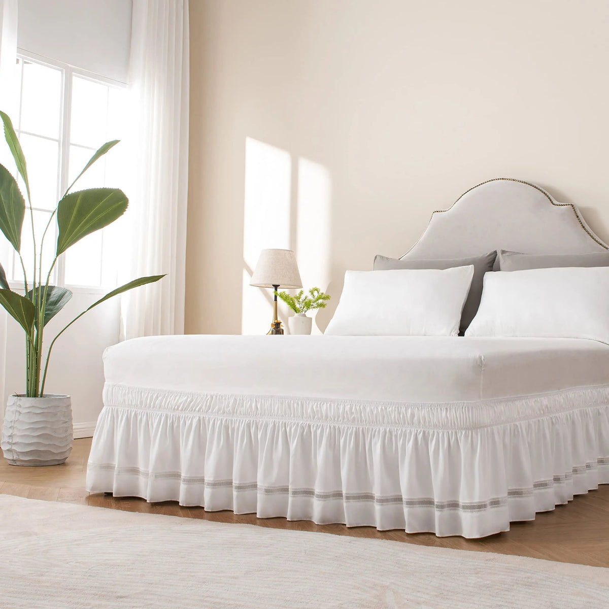 Embroidered Crochet Lace Bed Skirt with Adjustable Belts 15 Inch Drop for Elegant Bedroom Decor