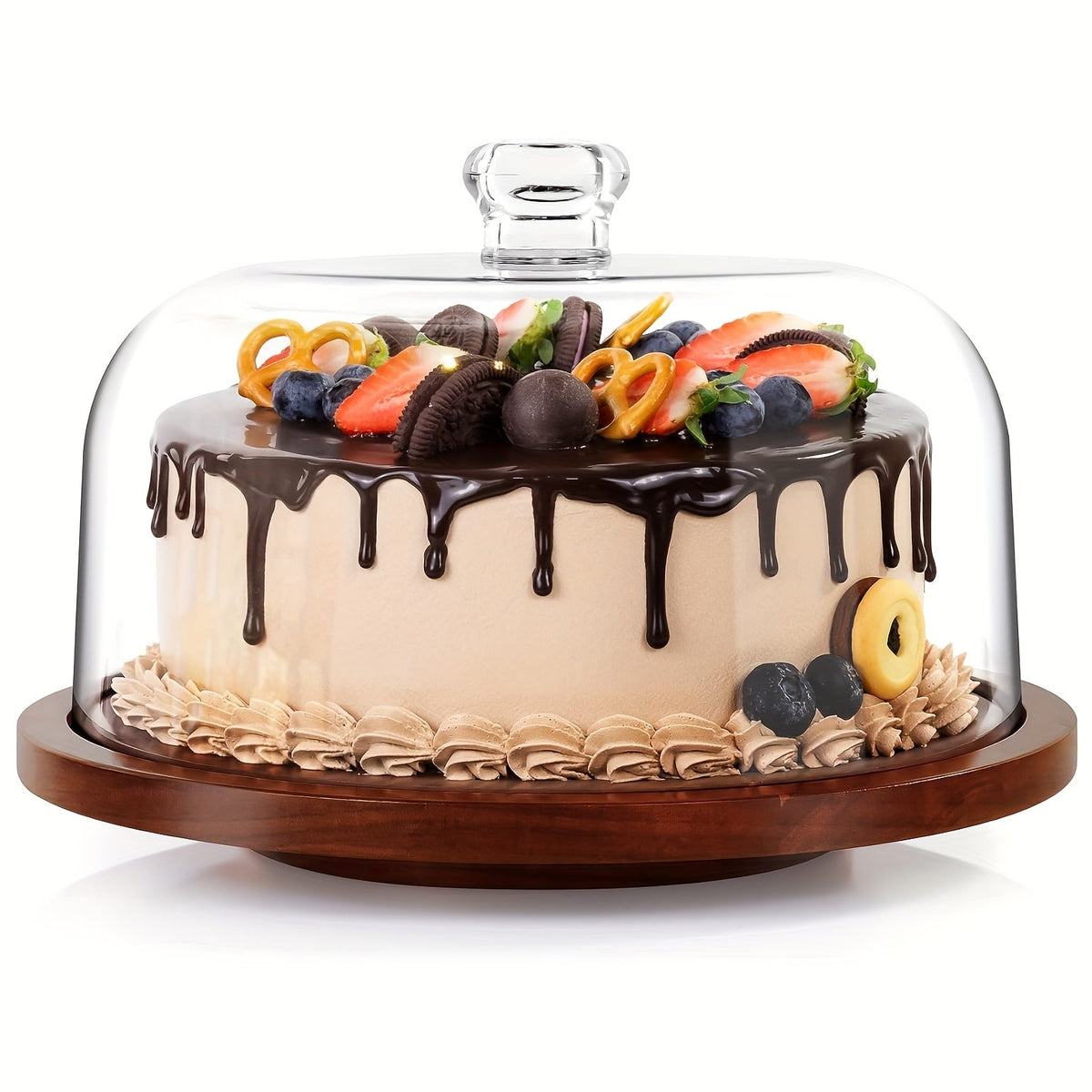12-Inch Rotary Wooden Cake Stand with Dome Top Cover for Wedding Cupcakes and Dessert Displays (13×13×8"/32×32×20cm)