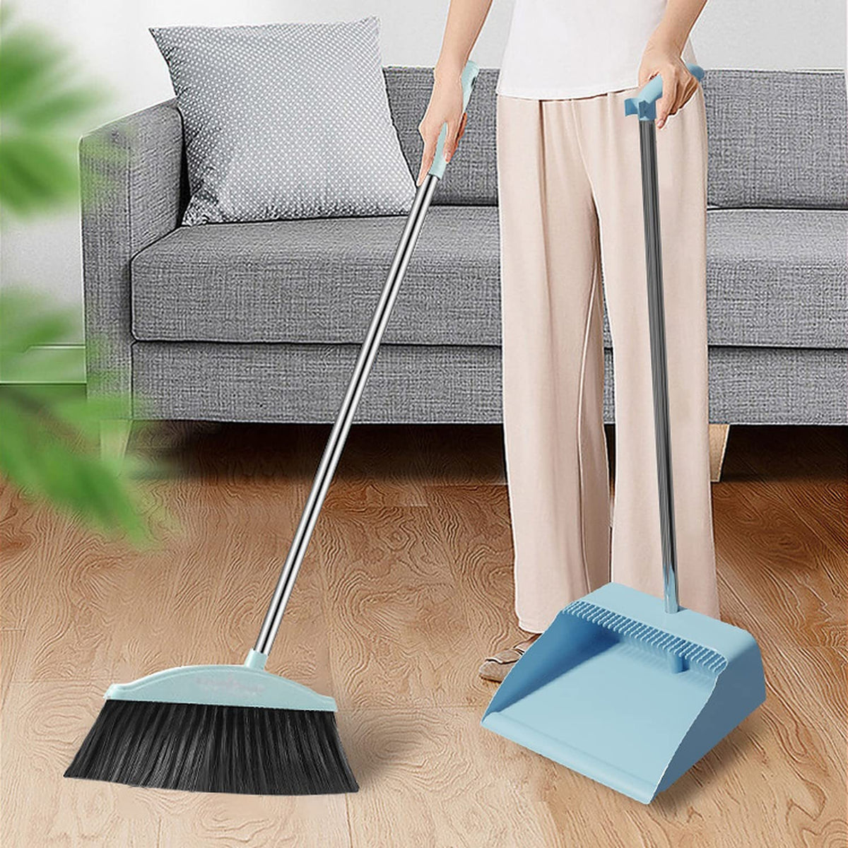 Long Handle Broom and Dustpan Set with Heavy-Duty Bristles for Indoor and Outdoor Cleaning