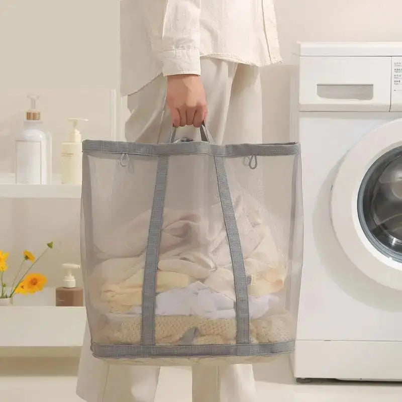 Foldable Mesh Laundry Basket with Handles and Collapsible Structure for Home and Travel Use