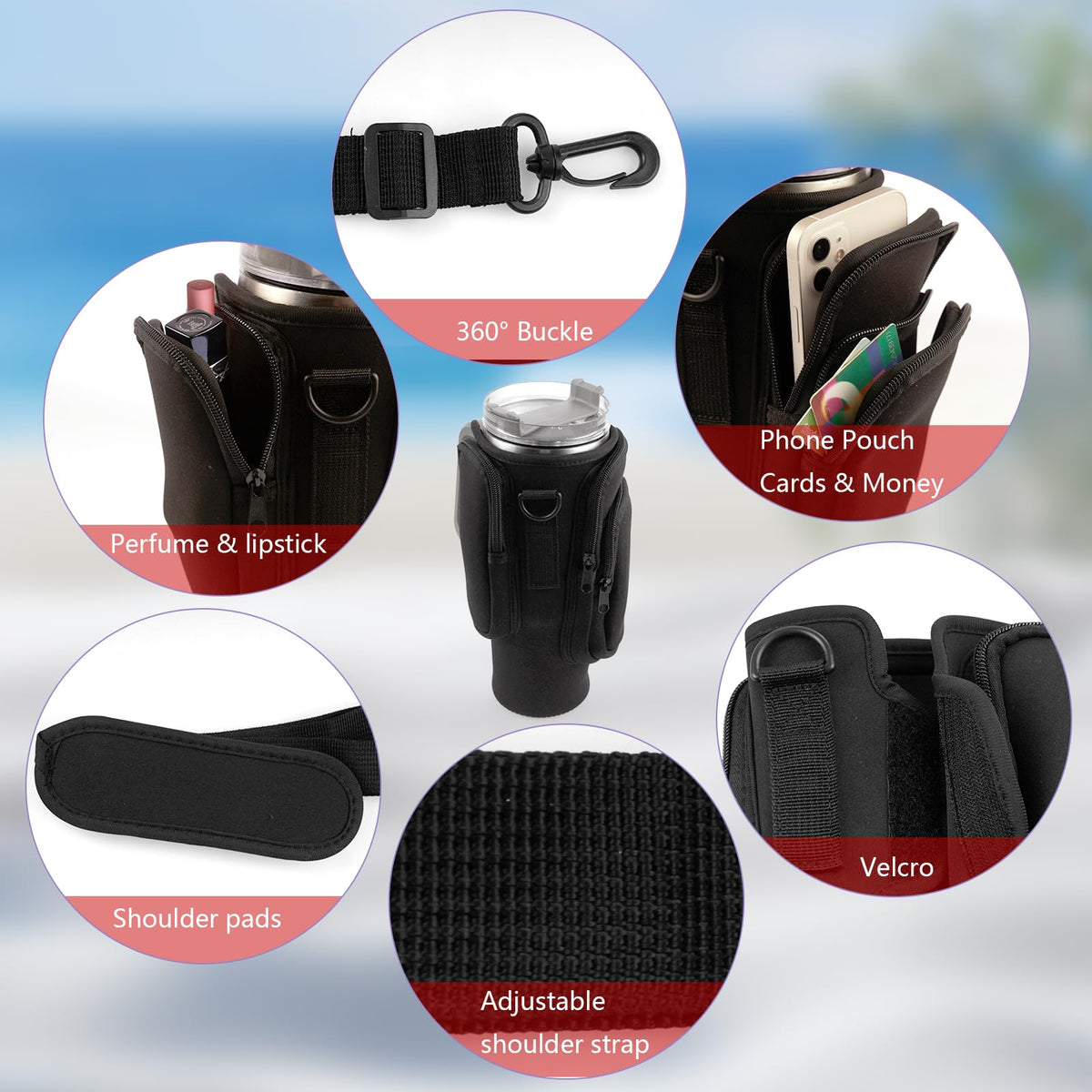 Crossbody Tumbler Carrier with Insulated Neoprene Sleeve and Storage Pockets for 30oz and 40oz Tumblers