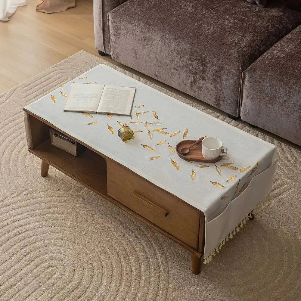 Tasseled Coffee Table Cloth with Storage Pockets for Rectangular Tables