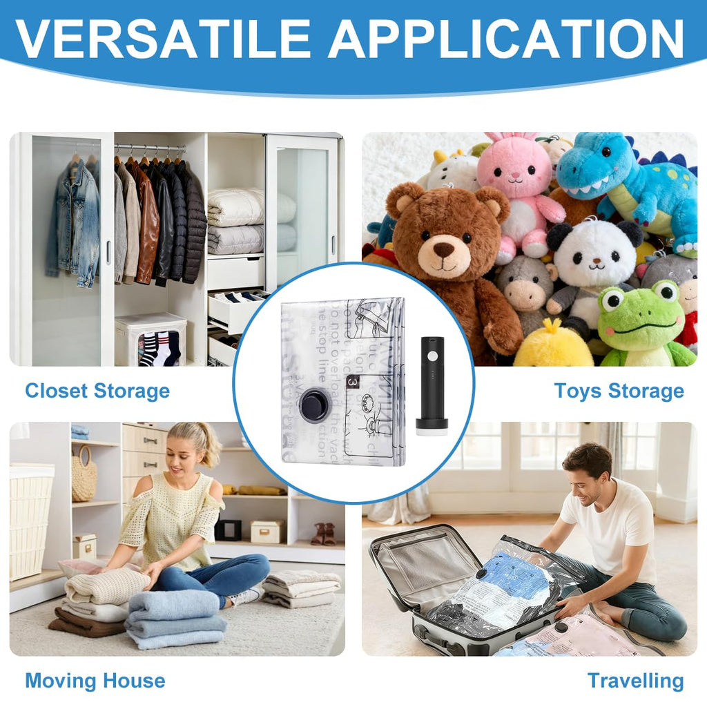 Vacuum Storage Bags with USB Electric Pump and Double Zipper Seal for Travel Compression (Included 8 Vacuum Storage bags + 1 Electric pump)