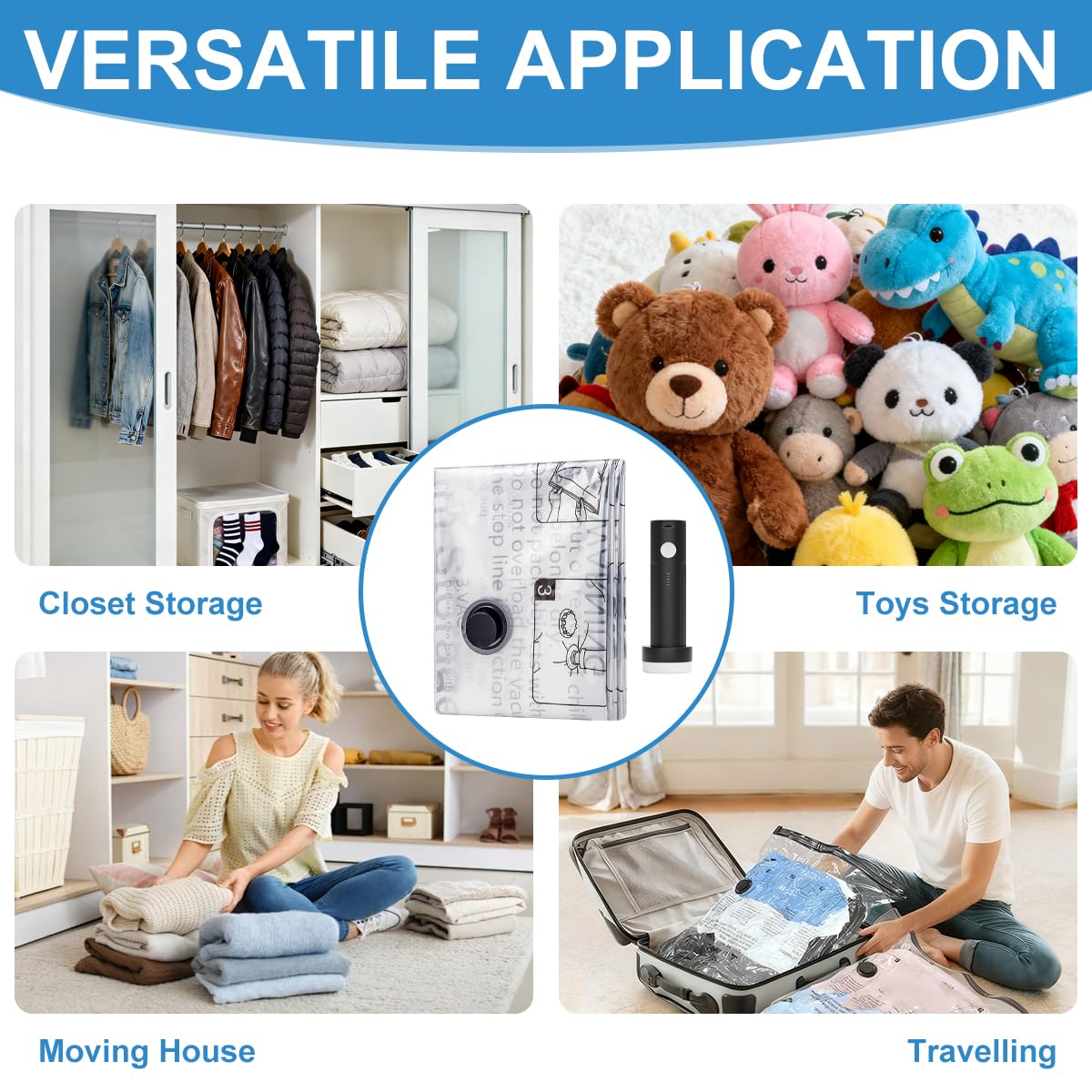 Vacuum Storage Bags with USB Electric Pump and Double Zipper Seal for Travel Compression (Included 8 Vacuum Storage bags + 1 Electric pump)