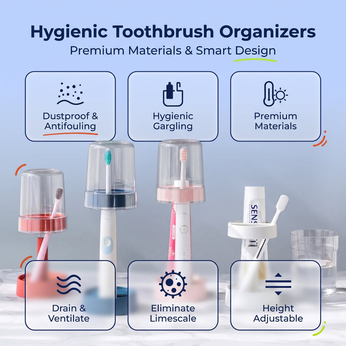 Toothbrush Holder with Mouthwash Cup and Dustproof Cover for Bathroom Counter Organization