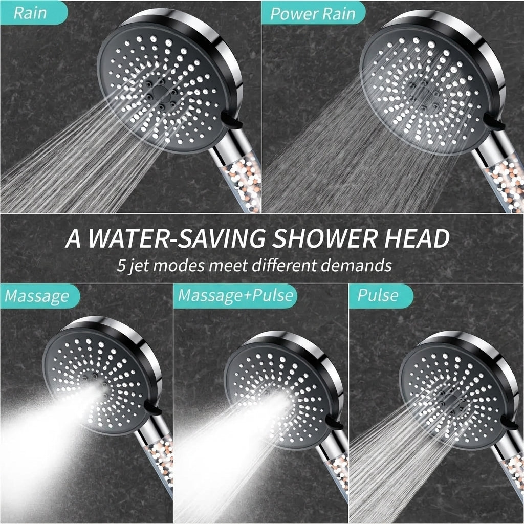 5-Mode Shower Head Set with High Pressure Filtered Handheld Design for Bathroom Use (Included Shower head + Hose)