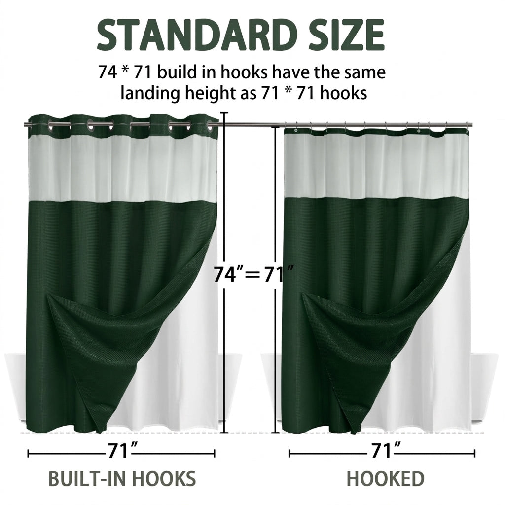 No Hook Shower Curtain with Snap In Liner and Waffle Weave Design for Bathroom Use