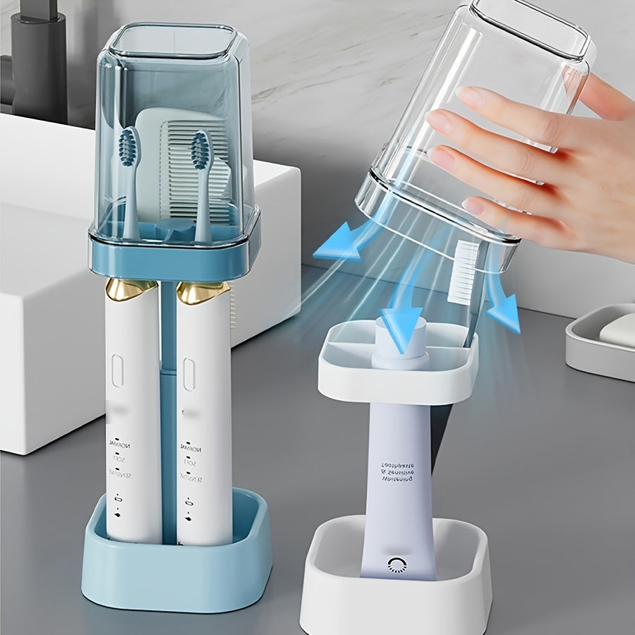 Toothbrush Holder with Mouthwash Cup and Dustproof Cover for Bathroom Counter Organization