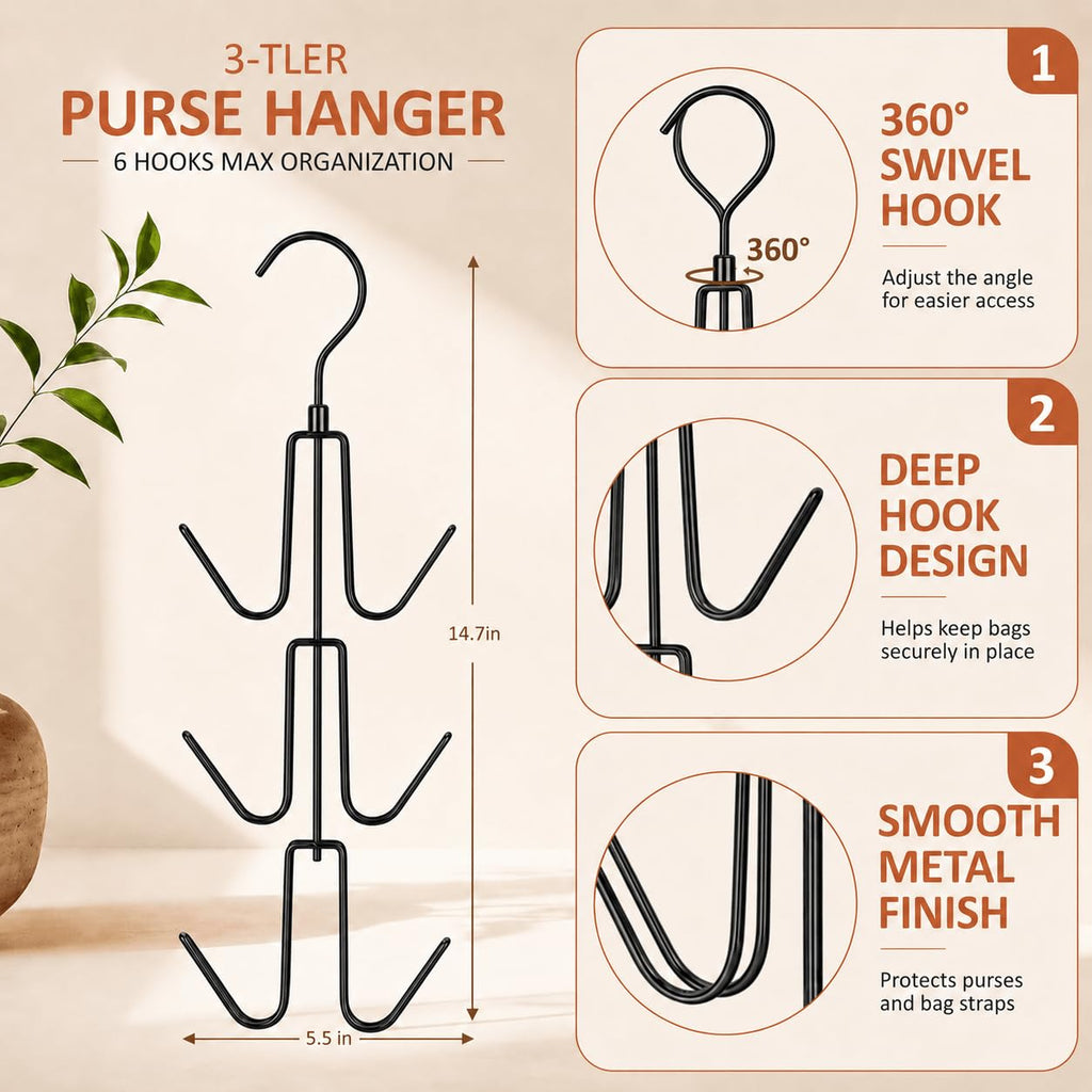 2 Pcs Rotating Hanger with Six Hook Metal Design for Closet Wardrobe and Bag Storage