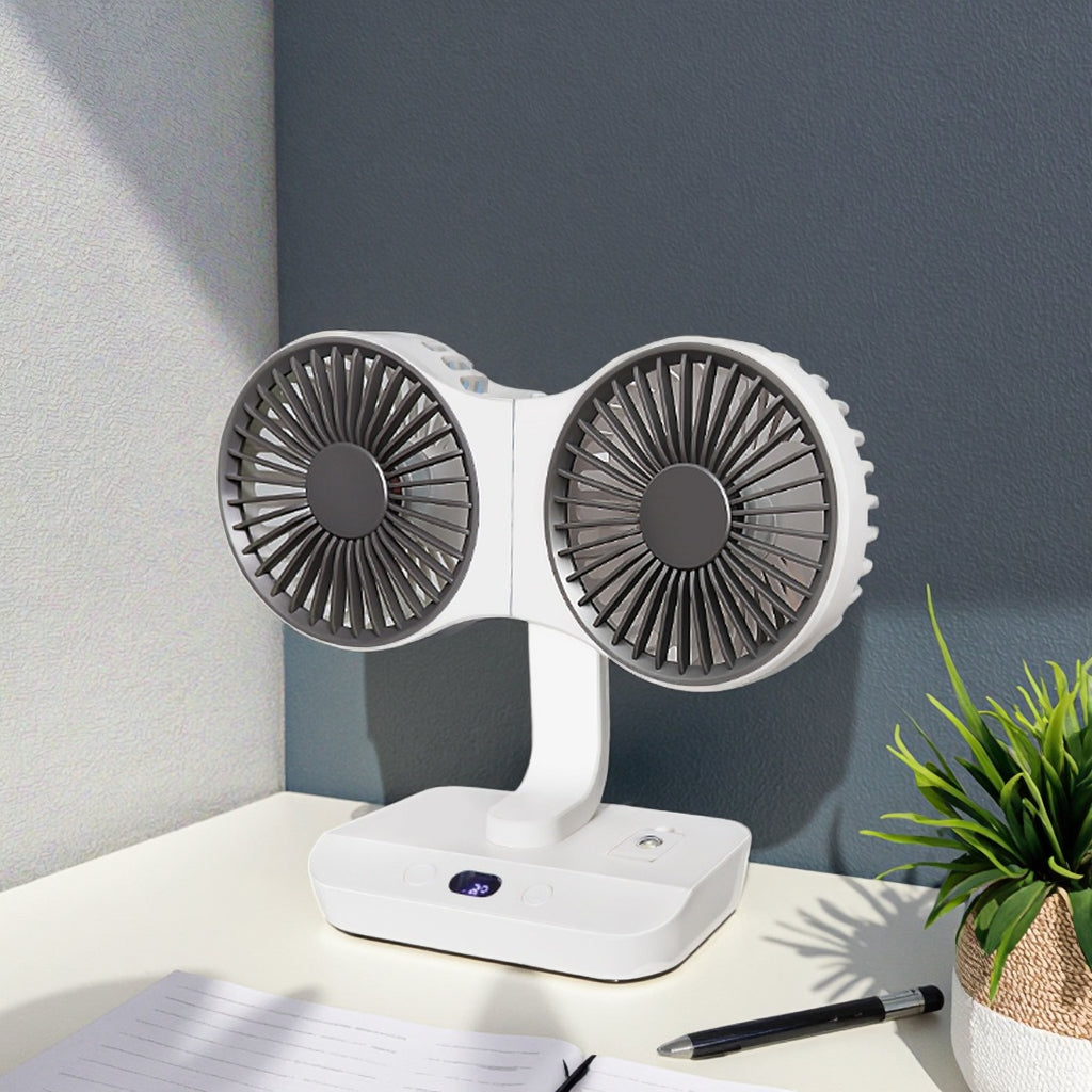 Double Head Rechargeable Table Fan with 4 Speed Settings, 8000mAh Battery and Digital Display for Home and Office