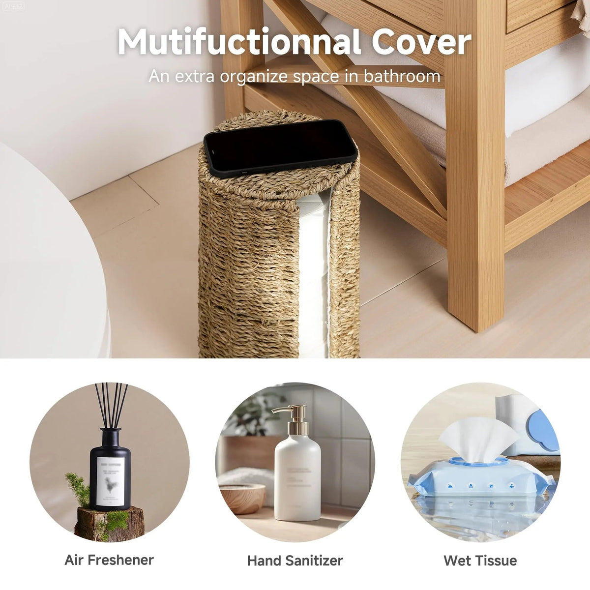 Braided Rope Toilet Paper Holder with Freestanding Woven Design for Natural Bathroom Storage