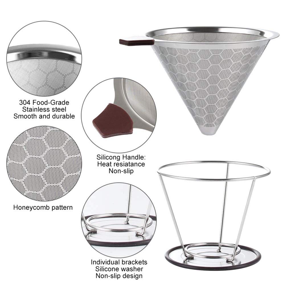 Stainless Steel Manual Coffee Brewer Reusable Double Layer Filter for Pour Over Brewing at Home Office or Travel (Filter Paper Not Included)