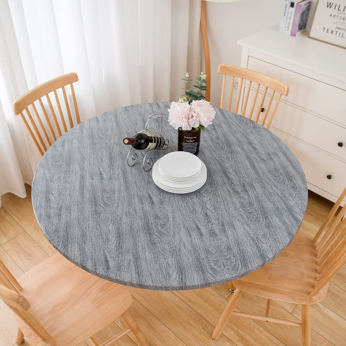 Elastic Fitted Round Vinyl Tablecloth Waterproof Table Cover for Dining Table Party Camping Use