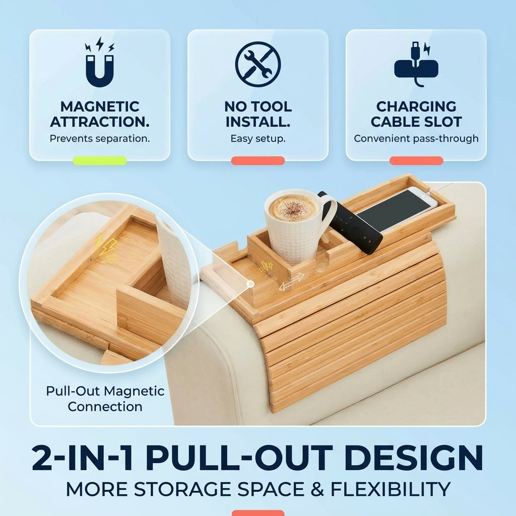 Foldable Bamboo Sofa Armrest Tray with Cup Holder and Anti Slip Couch Side Storage
