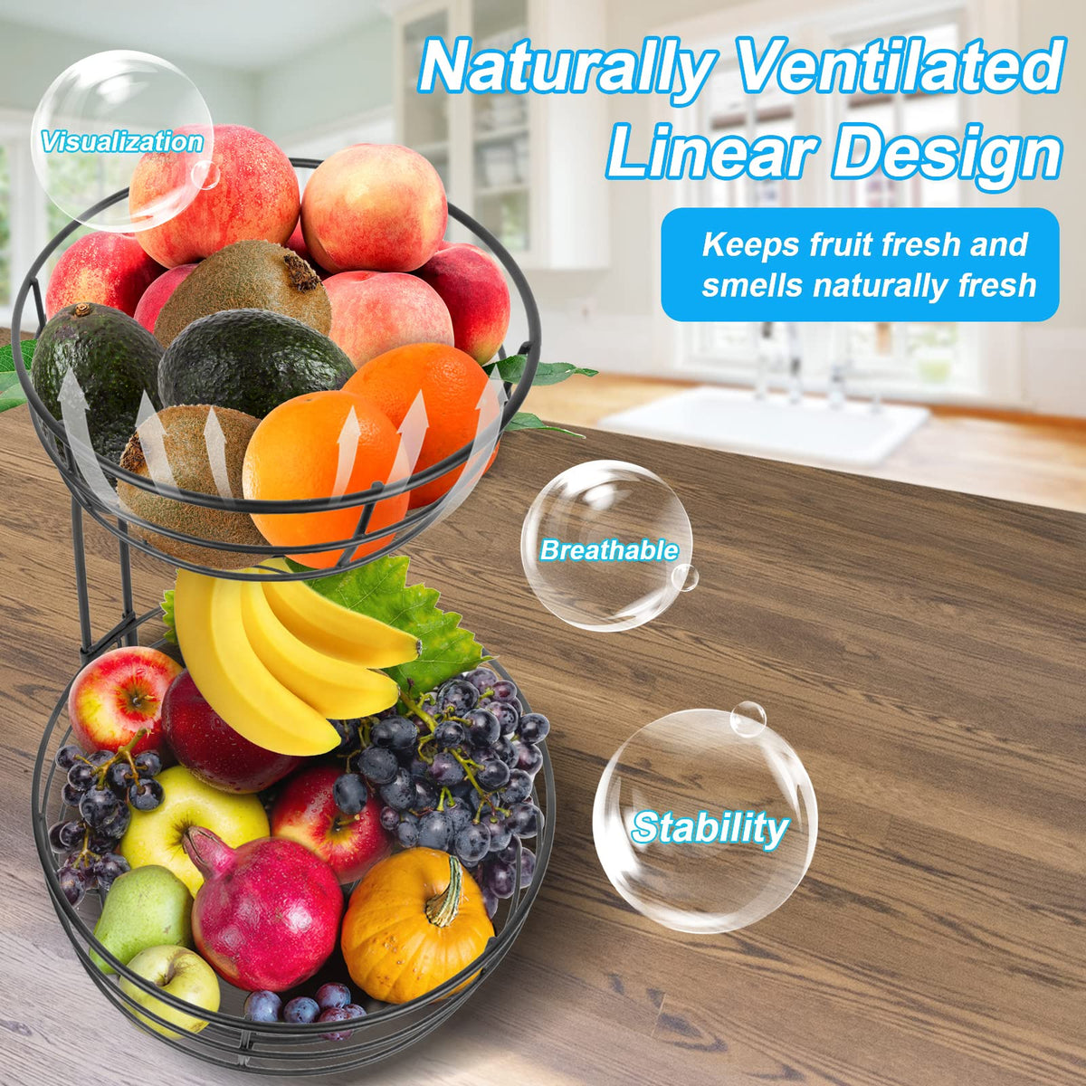 Metal Fruit Basket Stand with Two Tiers and Banana Hanger for Kitchen Countertop Storage