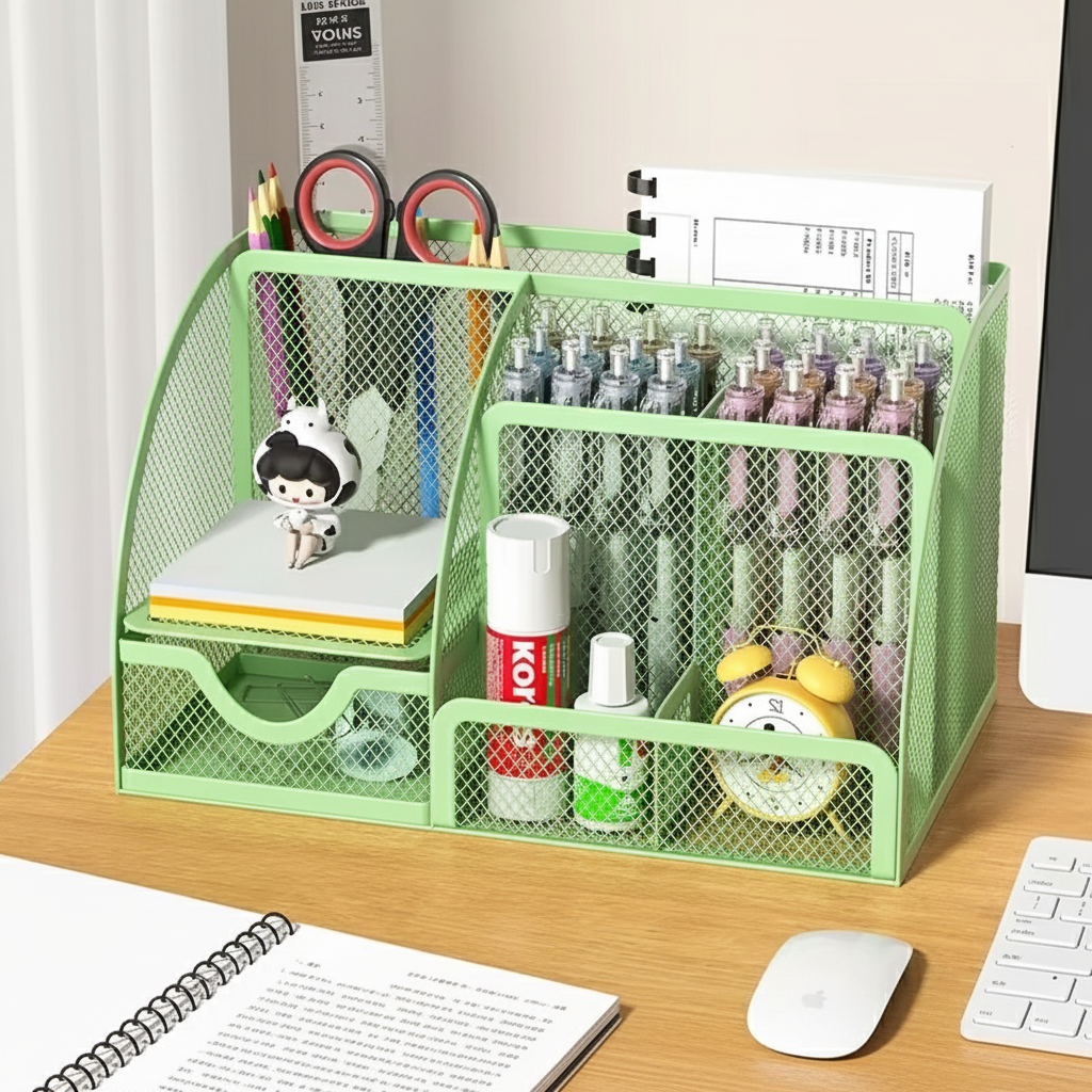 Metal Stationery Holder with 7 Compartments and Drawer for Office Supplies and Desktop Storage