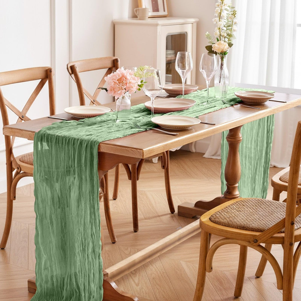 Sage Green Semi Sheer Gauze Table Runner Cheesecloth Dining Table Decor for Wedding Party Christmas Banquets (90x180cm)