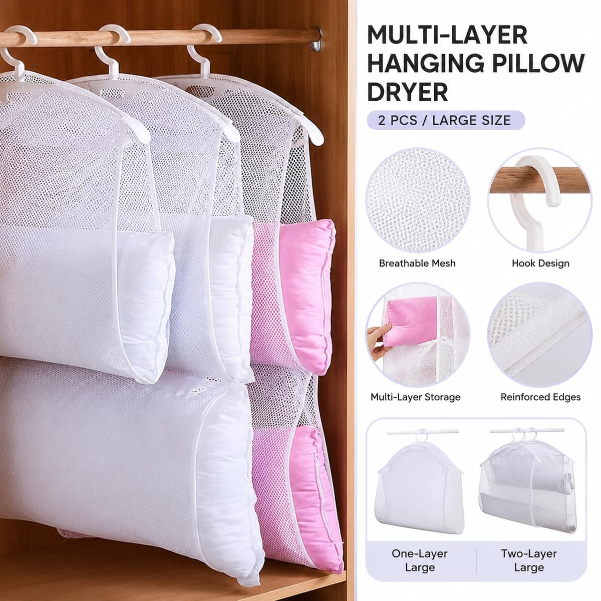 Hanging Pillow Drying Rack with Windproof Double Layer Net Design for Outdoor Laundry Organization