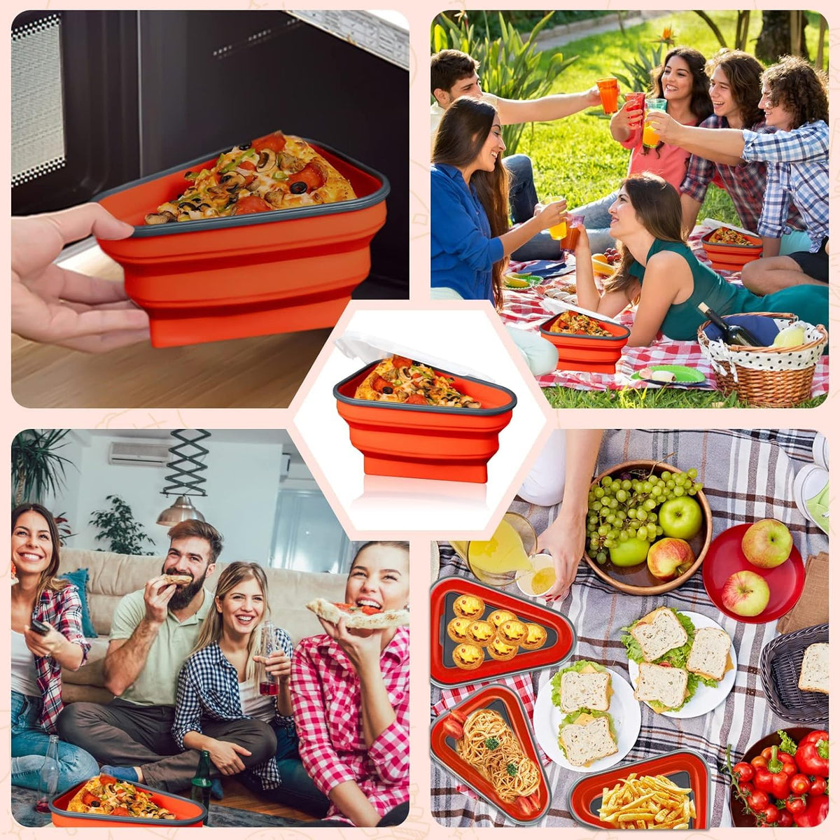 Silicone Pizza Storage Container with Collapsible Design and Microwavable Serving Trays for Leftover Storage