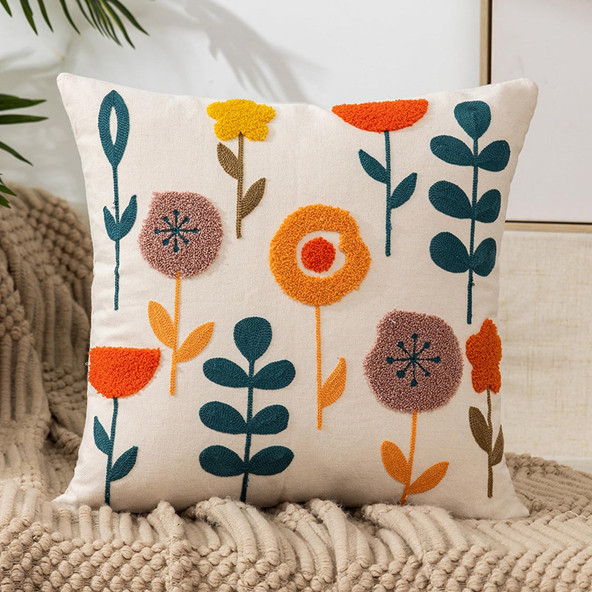 Embroidered Floral Throw Pillow Cover 18x18 Inch Cotton Canvas with Hidden Zipper for Sofa, Bed, and Living Room Decor