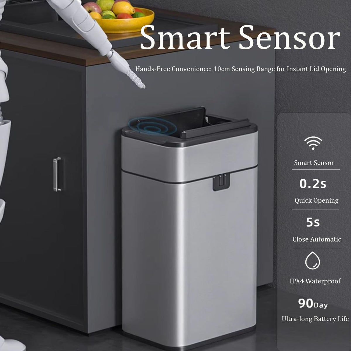 Automatic Sensor Trash Can with Stainless Steel Touchless Design for Kitchen and Bathroom Waste Storage