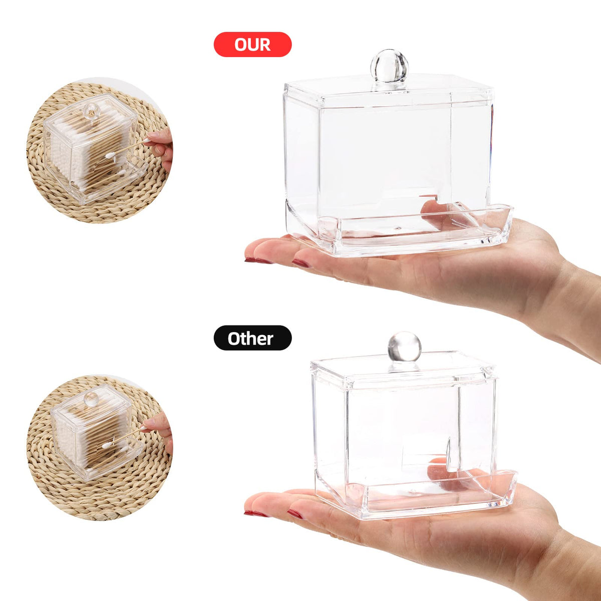 Cotton Swab Storage Box with Bamboo Lid Transparent Square Container for Bathroom Vanity and Toothpick Organization