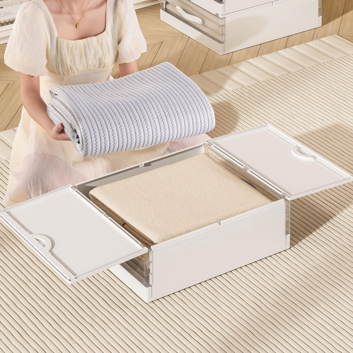 Foldable Linen Storage Box with Transparent Drawer Design for Bedding and Closet Organization