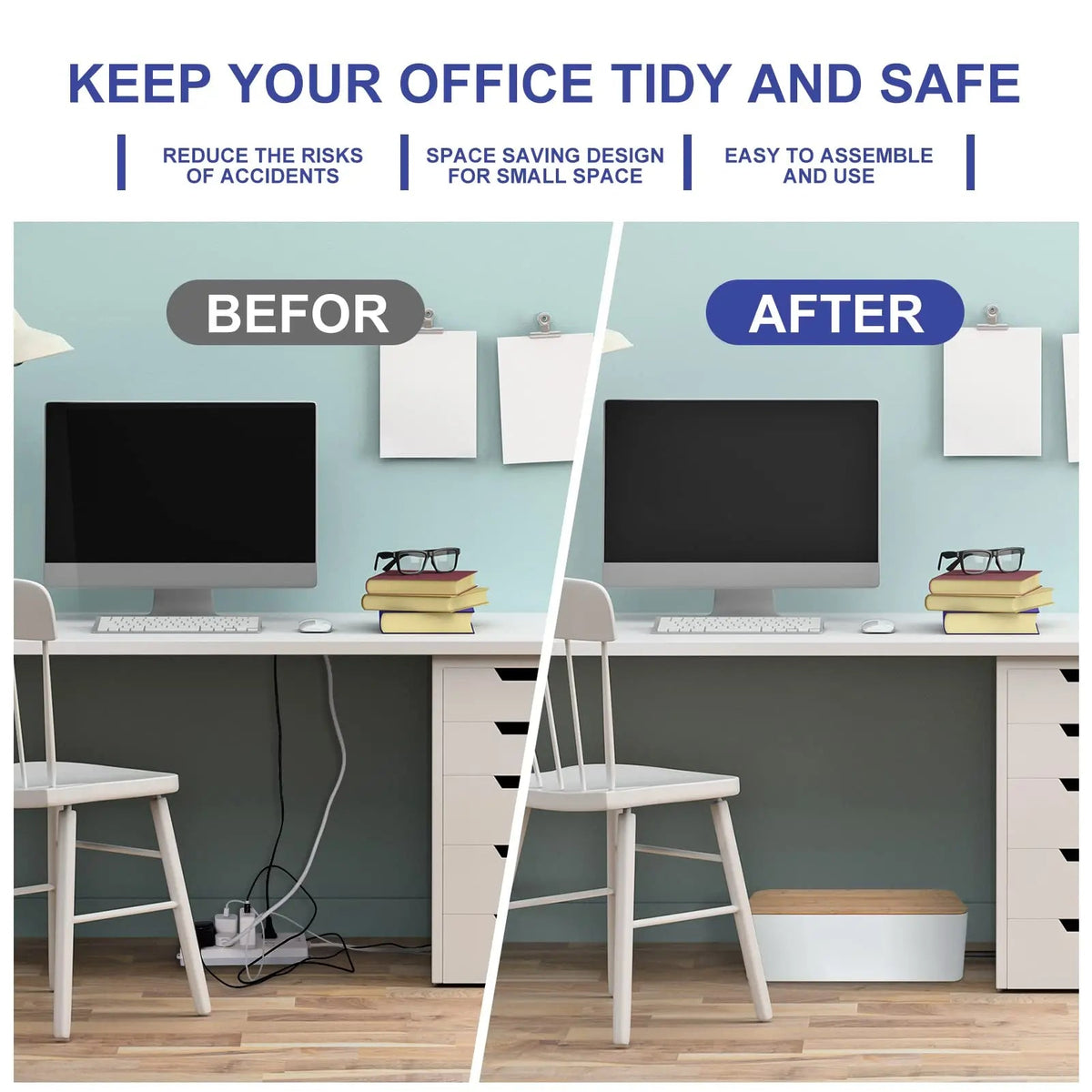 Cable Management Organizer Box Kit with Three Sizes and ABS Power Strip Organizer for Home and Office Wire Storage
