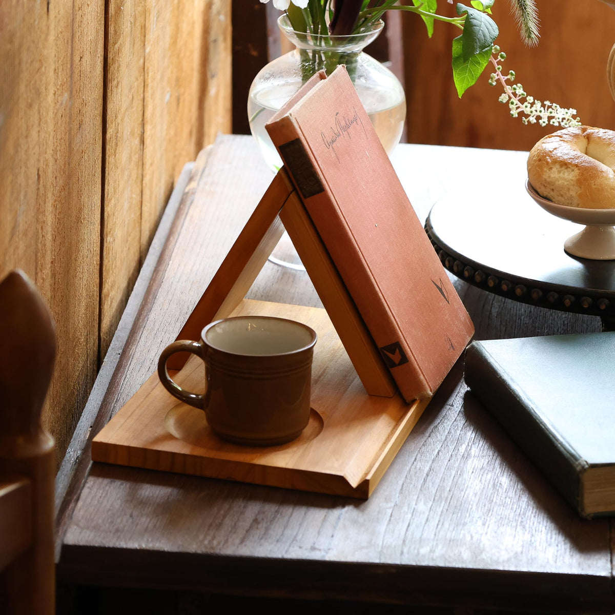 Wooden Reading Stand with Cup Holder and Triangle Design for Books and Tablets