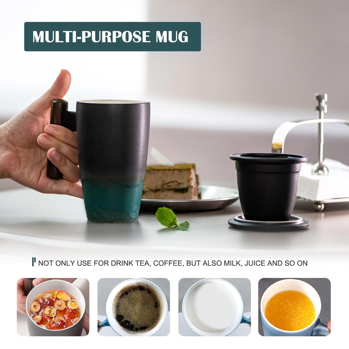 Ceramic Mug with Cover and Wooden Handle for Tea, Coffee, or Hot Beverages in Home and Office Use