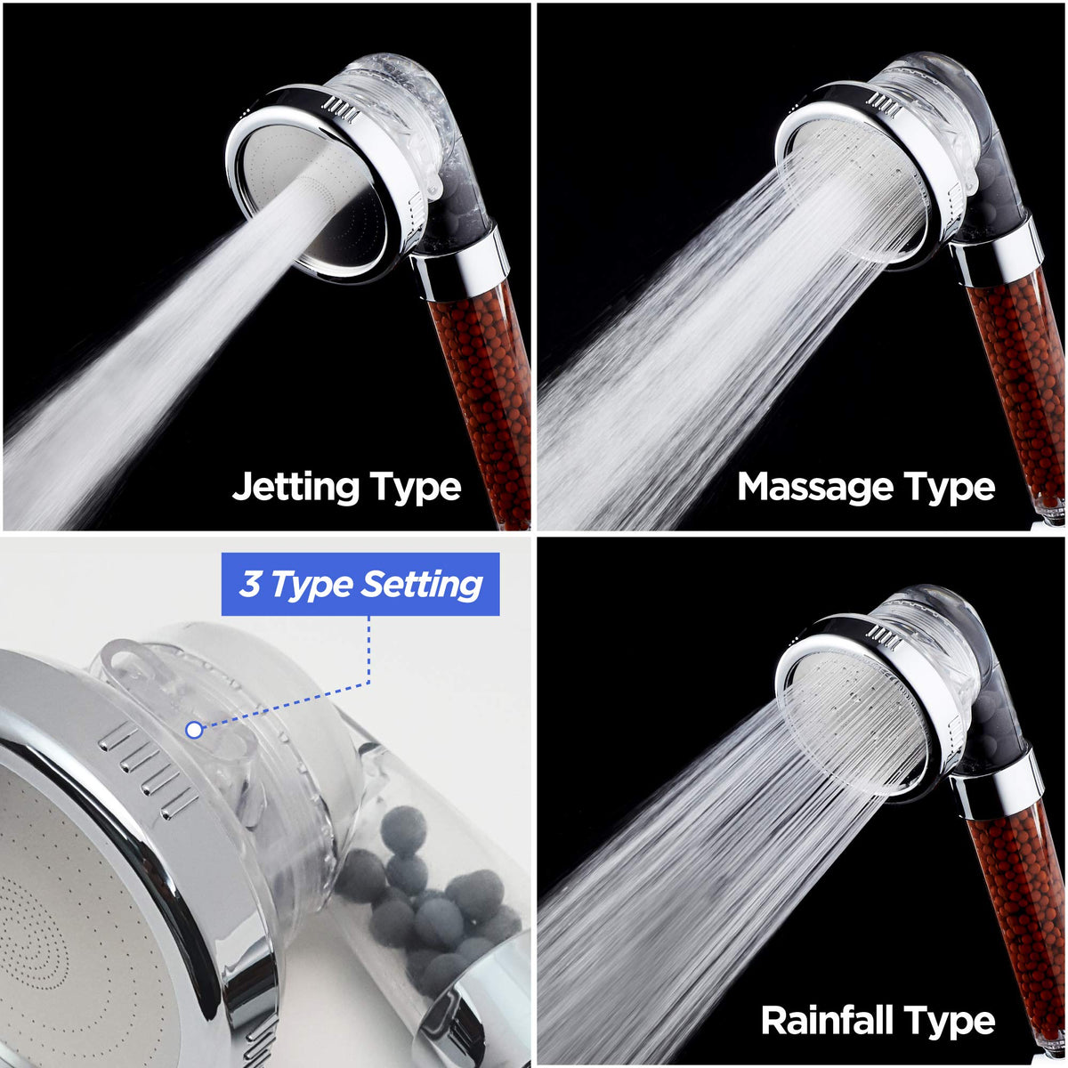 3-Mode Mineral Shower Head with On-Off Switch and High Pressure Filter Design for Bathroom Use
