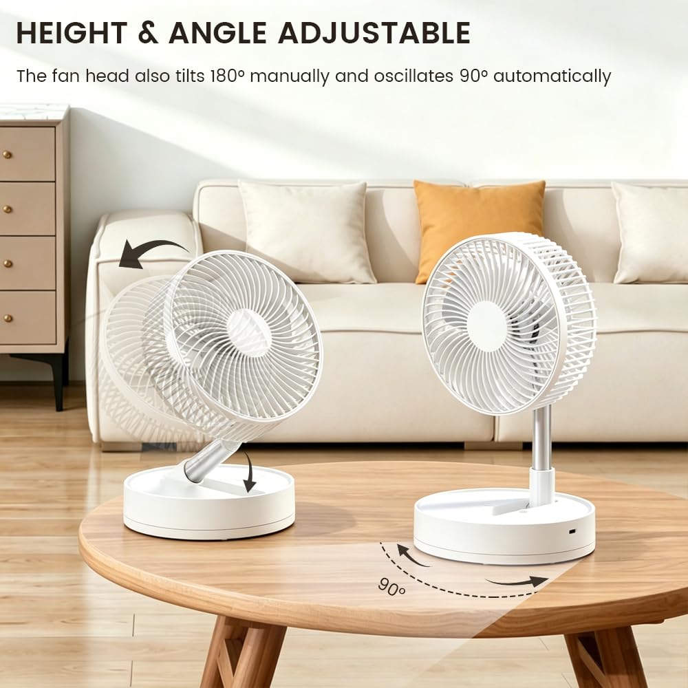 Foldable Portable USB Fan with 4 Speed Settings, Rechargeable Battery and Adjustable Height for Indoor and Outdoor Use