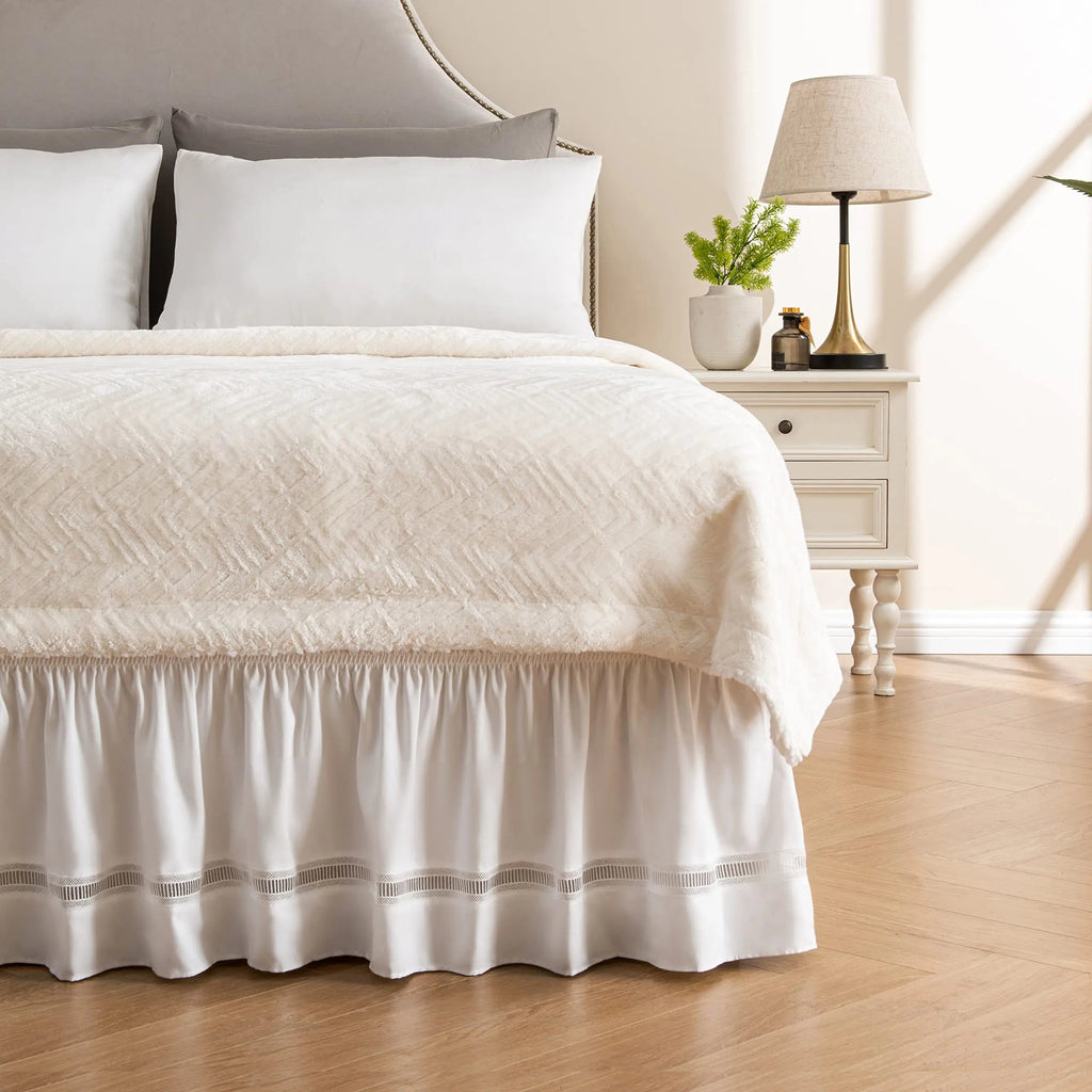 Embroidered Crochet Lace Bed Skirt with Adjustable Belts 15 Inch Drop for Elegant Bedroom Decor